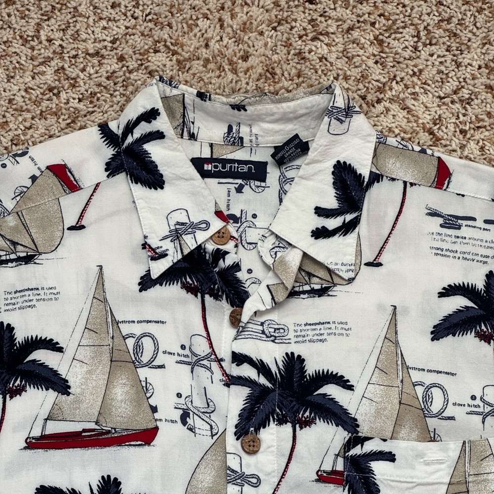 Vintage 90s Puritan Shirt Sail Boats Palm Tree Button Front Pocket L. - Picture 3 of 7